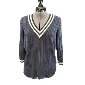 CHAPS  Women's 1X Navy White Striped Cable Knit Tennis V-Neck Sweater Preppy